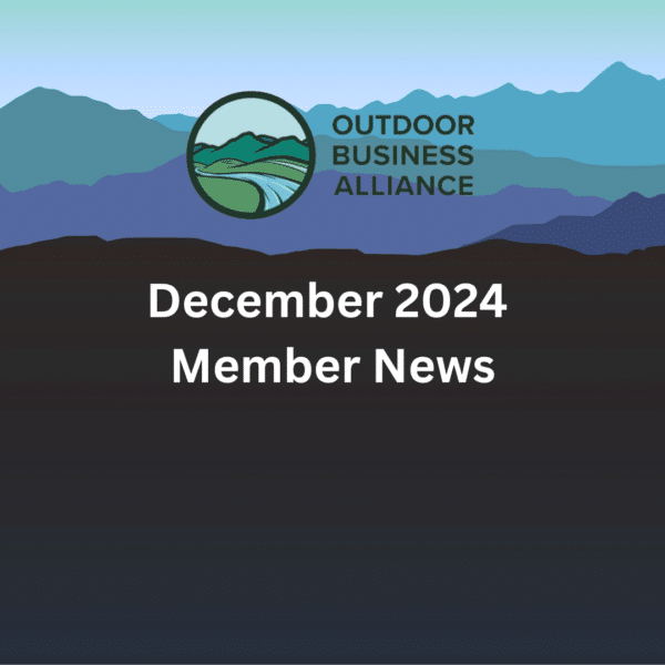 Outdoor Business Alliance December 2024 Member News overlaid an image of the Blue Ridge Mountains