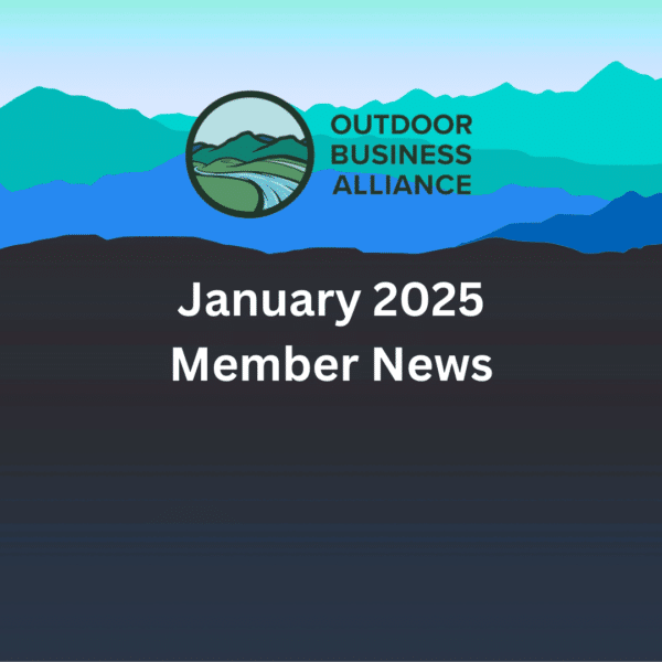 Outdoor Business Alliance of WNC logo and February 2025 Member News overlaid a landscape of the mountains of WNC