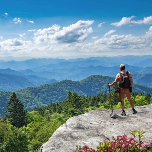 hiker overlooking Blue Ridge Mountains